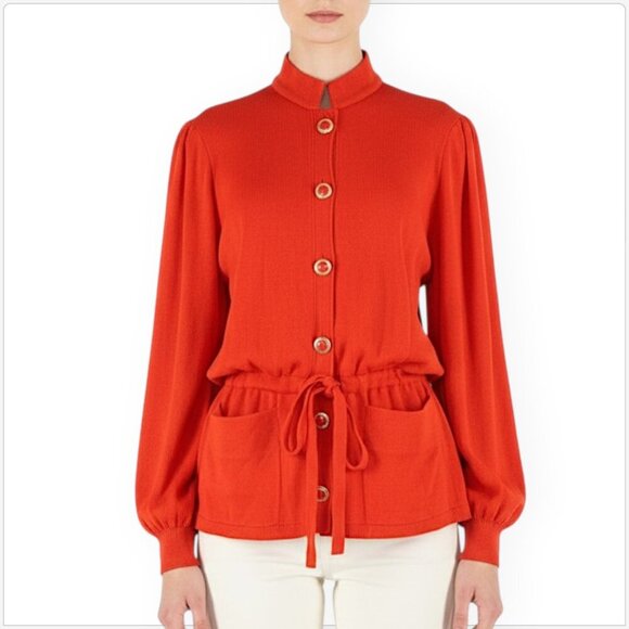 St. John Vintage Dark Orange Cardigan Sweater Puff Sleeve Belted Button Front 12 - Picture 1 of 5